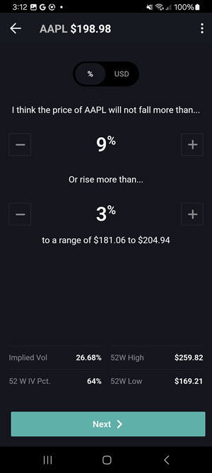 The options wizard forecast criteria on the Android Phone
